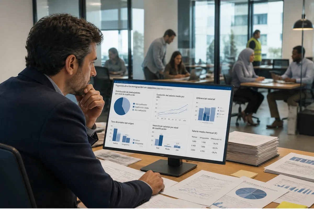 Analista español revisa datos de impacto salarial de inmigración en oficina, con trabajadores diversos visibles al fondo en colaboración laboral.