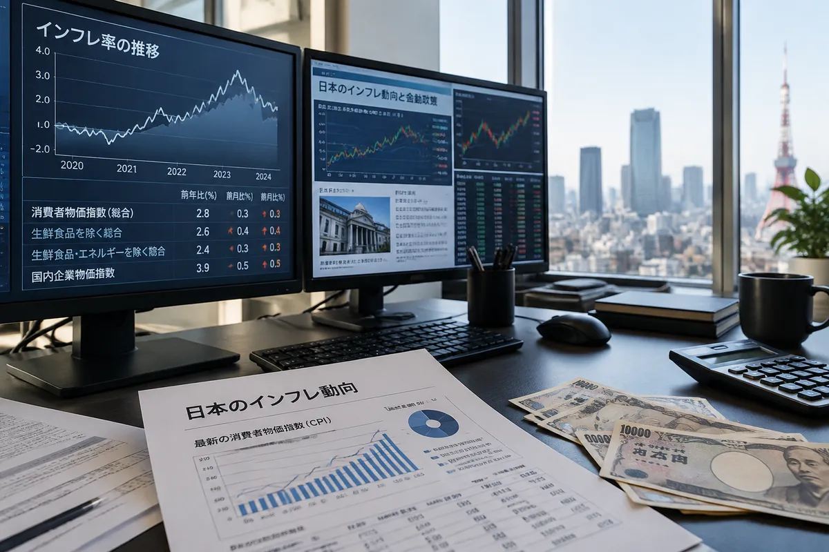 Analista financiero revisando datos de inflación y estadísticas económicas en escritorio moderno con gráficos de IPC.