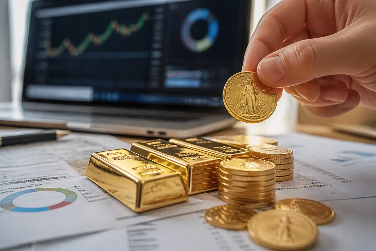 Barras y monedas de oro sobre documentos financieros con gráficos de inversión y cartera diversificada.