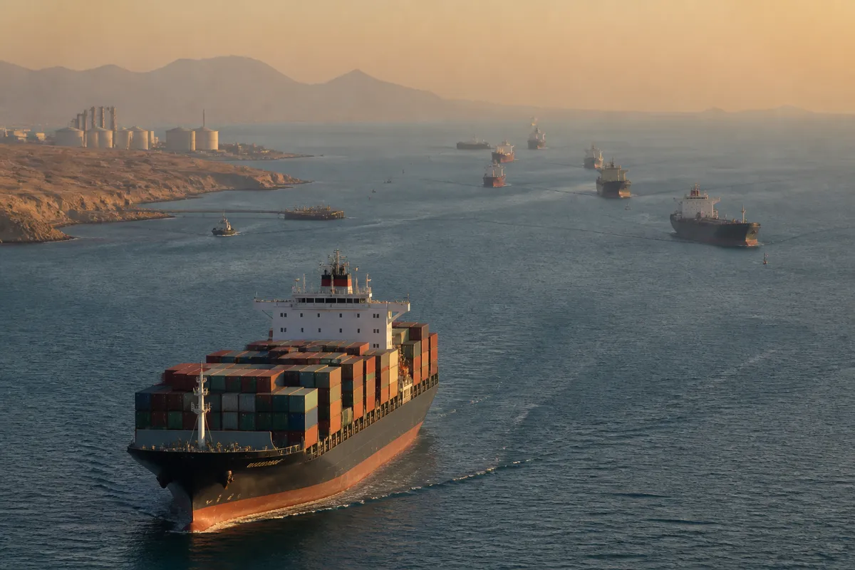 Buques petroleros en el Estrecho de Ormuz, paso estratégico bloqueado que amenaza los precios del crudo a nivel mundial.