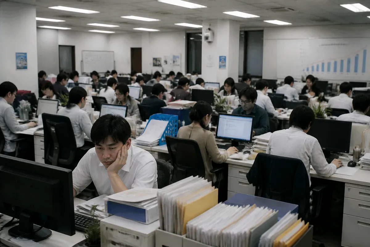 Bureau bondé avec plusieurs employés effectuant des tâches routinières, illustrant la croissance par l'emploi sans productivité accrue.