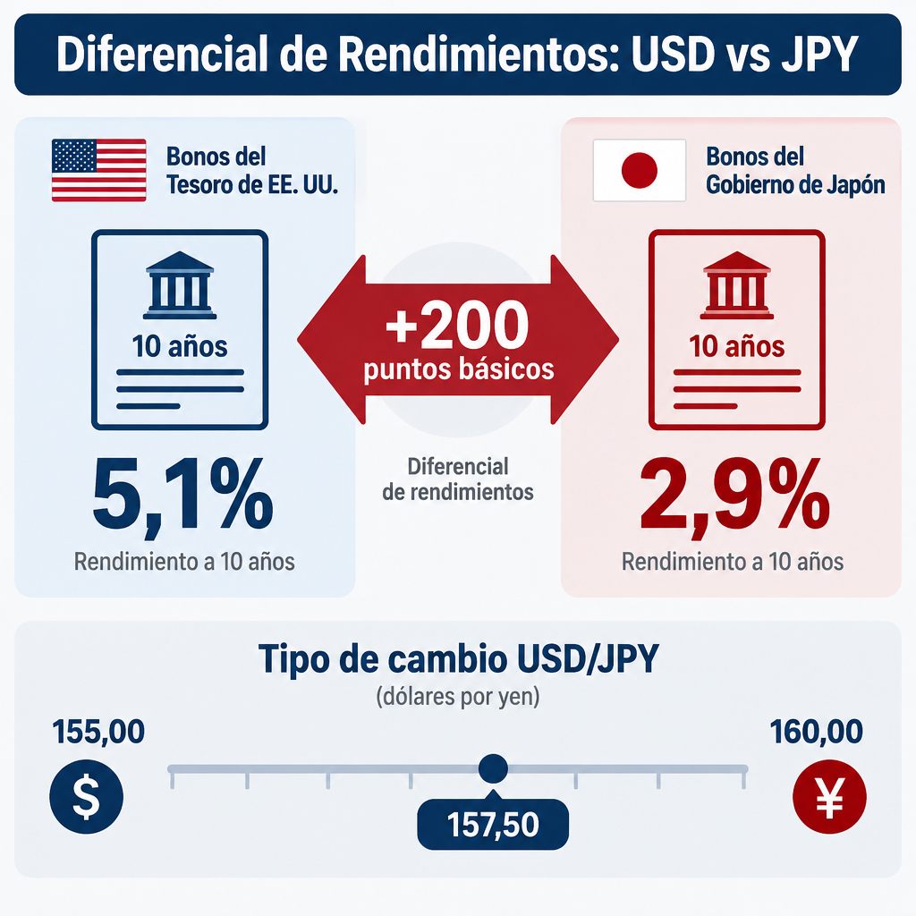 Comparativa de rendimientos: bonos US al 5,1% vs japoneses al 2,9%, diferencial de 200 pb y tipo USD/JPY cercano a 160.
