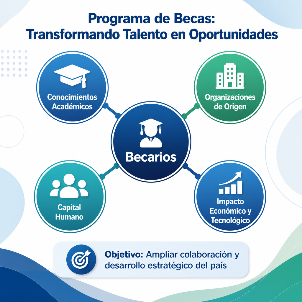 Diagrama de becas guatemaltecas mostrando flujo de conocimientos desde estudiantes hacia organizaciones y desarrollo económico del país.