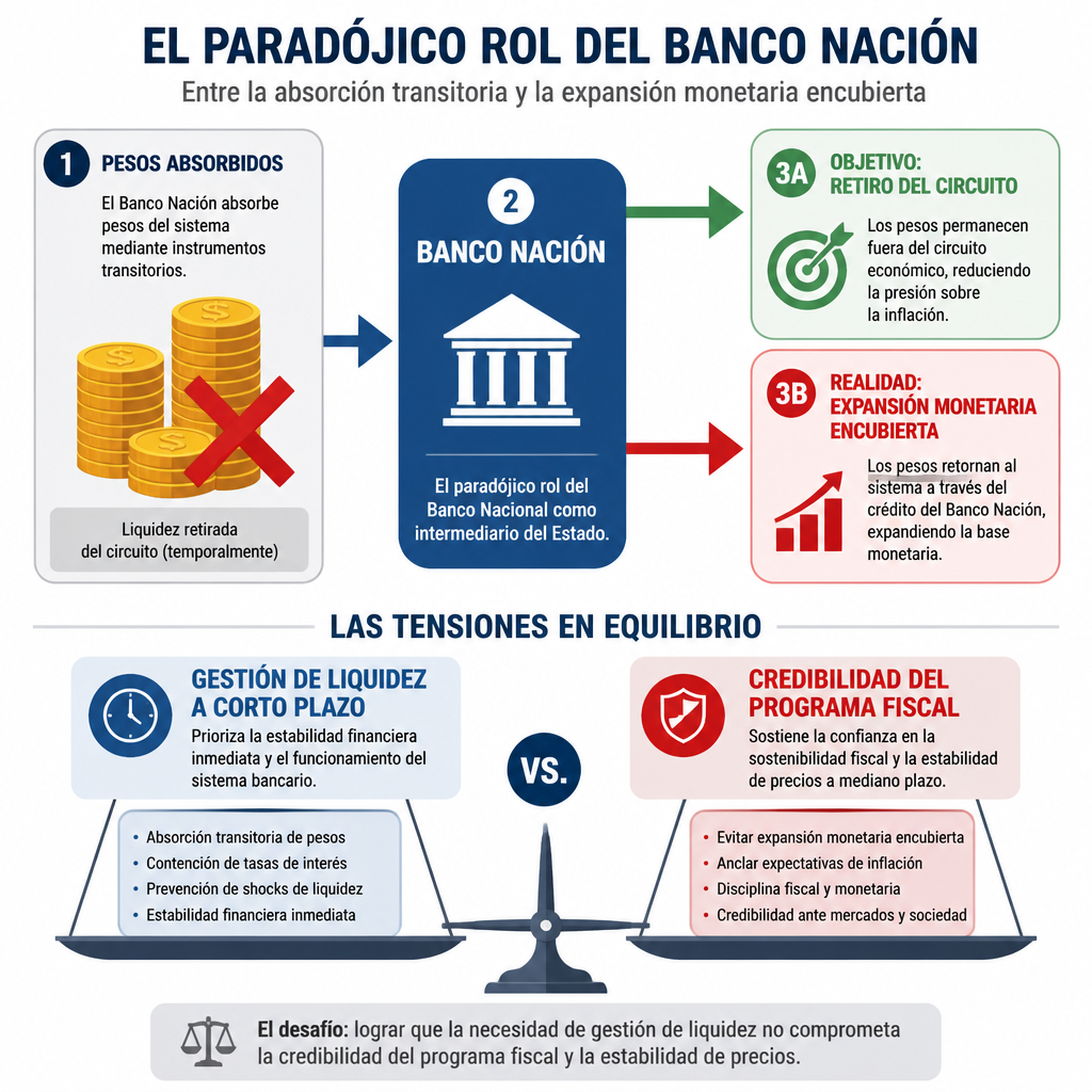 Diagrama que muestra la tensión entre absorción de pesos, banco central y expansión monetaria encubierta en política fiscal.