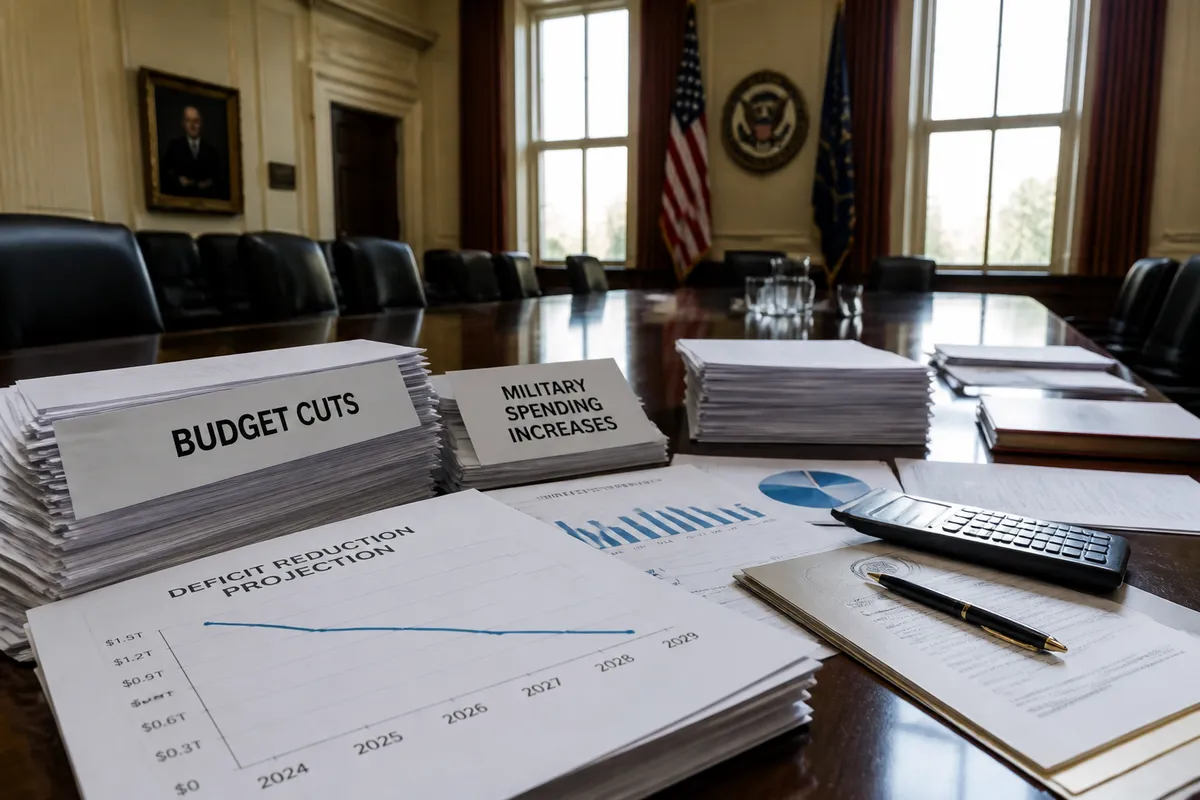 Documentos presupuestarios y gráficos fiscales sobre mesa de conferencias en edificio gubernamental.