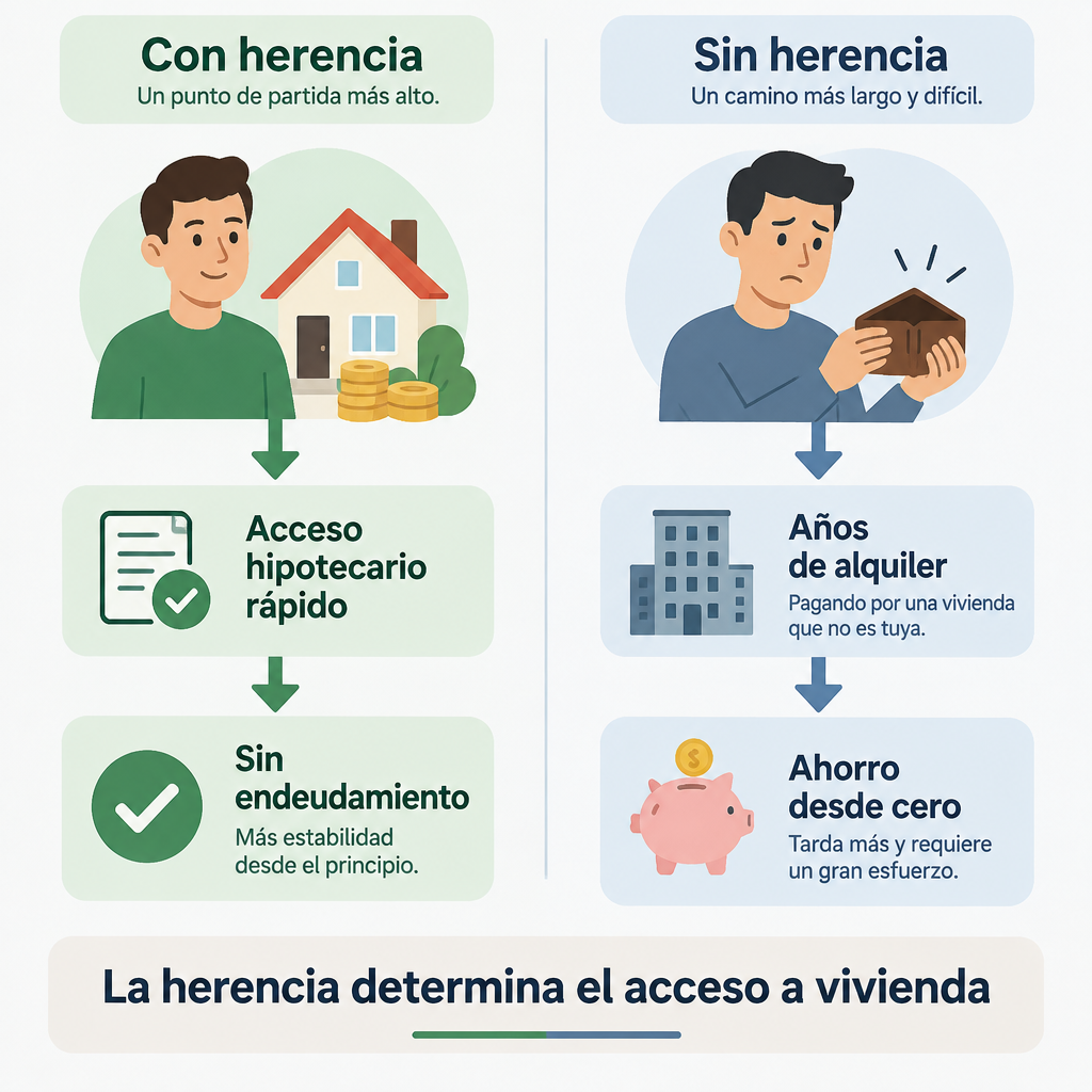 Dos caminos: herencia facilita hipoteca vs. sin herencia requiere ahorrar años pagando alquiler. Ventaja inicial clara.