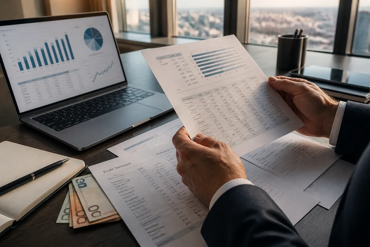 Ejecutivo analizando gráficos financieros y documentos de beneficios en escritorio corporativo moderno.