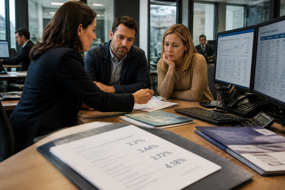 Ejecutivo bancario asesorando a pareja sobre tasas hipotecarias en oficina moderna con gráficos de comparación de tipos de interés.