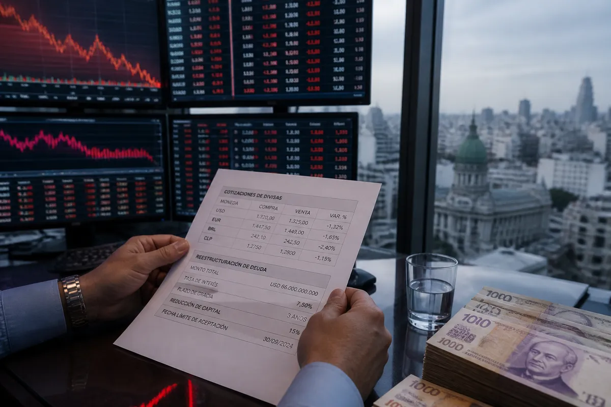 Escritorio de trading financiero con gráficos en rojo y documentos de reestructura de deuda argentina bajo presión de mercado.