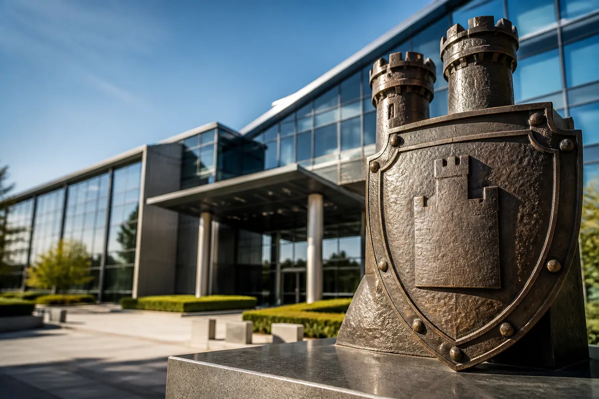 Escudo corporativo en fachada moderna de aseguradora, simbolizando solidez de capital y protección regulatoria
