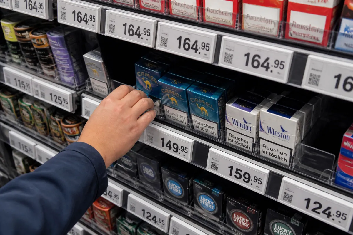 Estantería de supermercado con productos de consumo y etiquetas de precios elevados, mostrando contraste entre precios altos y volúmenes bajos.