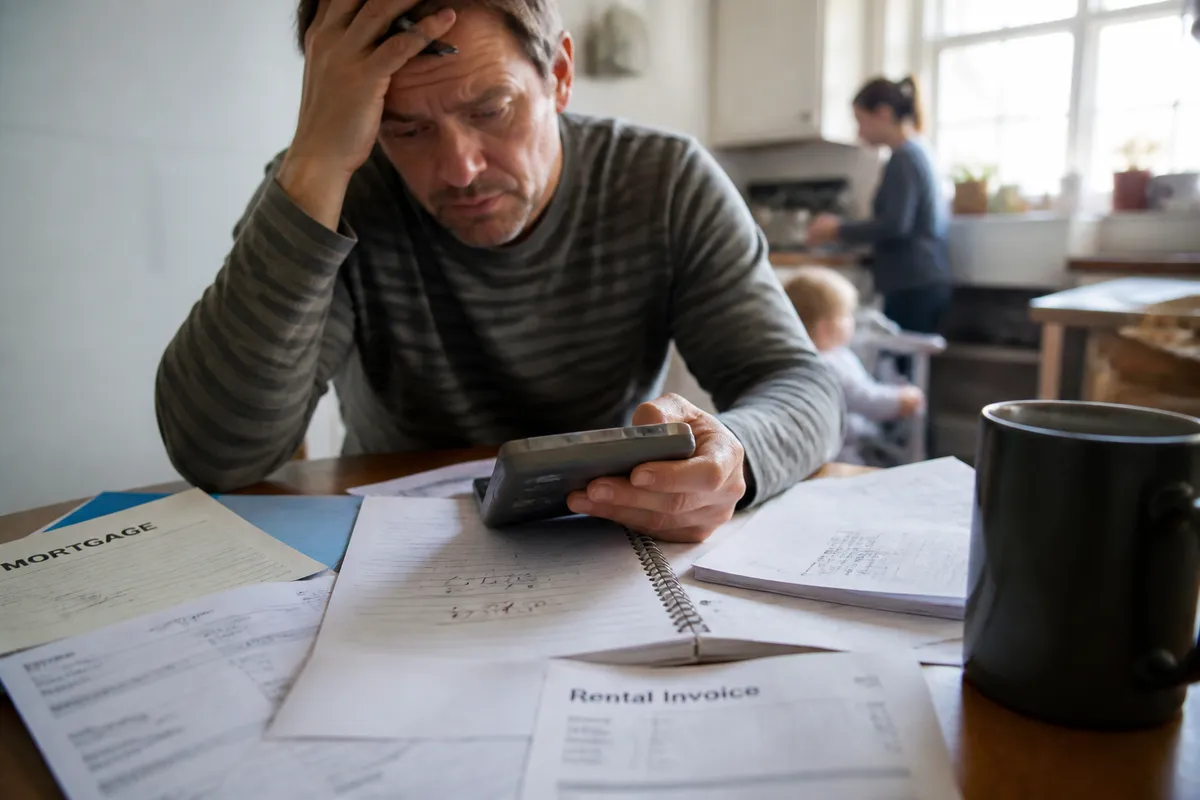 Famille examininant des factures de logement et des comptes bancaires à table, illustrant l'augmentation des dépenses de loyer.