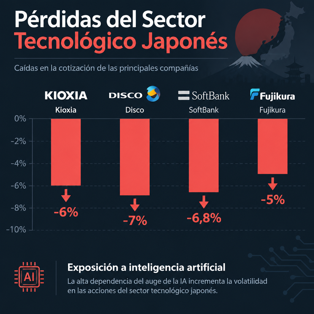 Gráfico comparativo de caídas bursátiles en empresas tecnológicas japonesas: Kioxia (-6%), Disco (-7%), SoftBank (-6,8%) y Fujikura (-5%).
