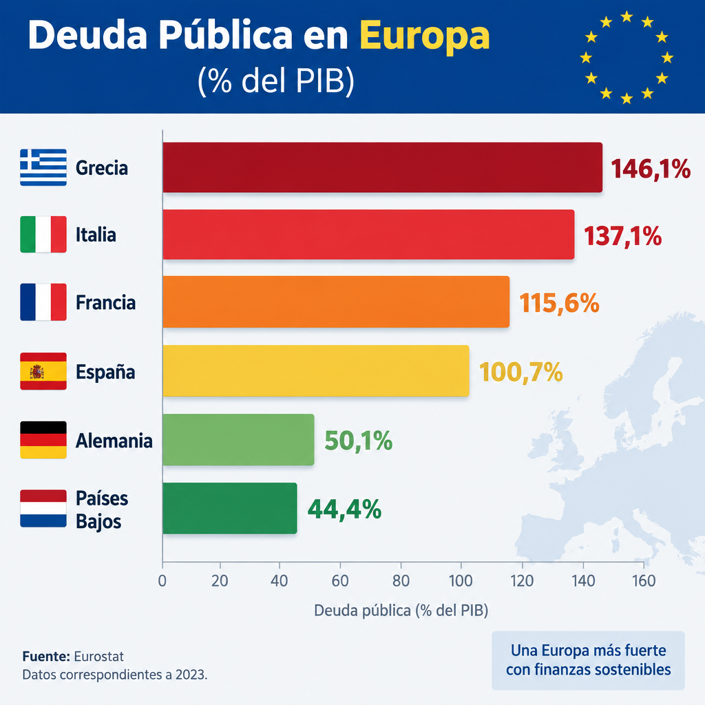 Gráfico de barras horizontales comparando la deuda pública de seis países europeos, desde Grecia (146,1%) hasta Países Bajos (44,4%).