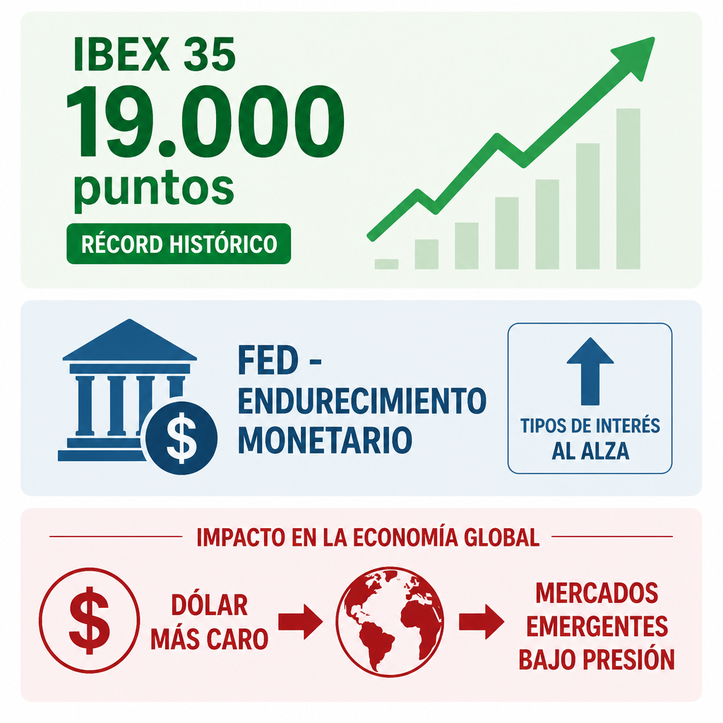 Gráfico: Ibex 35 alcanza 19.000 puntos históricos pero riesgo de endurecimiento monetario de la Fed amenaza mercados