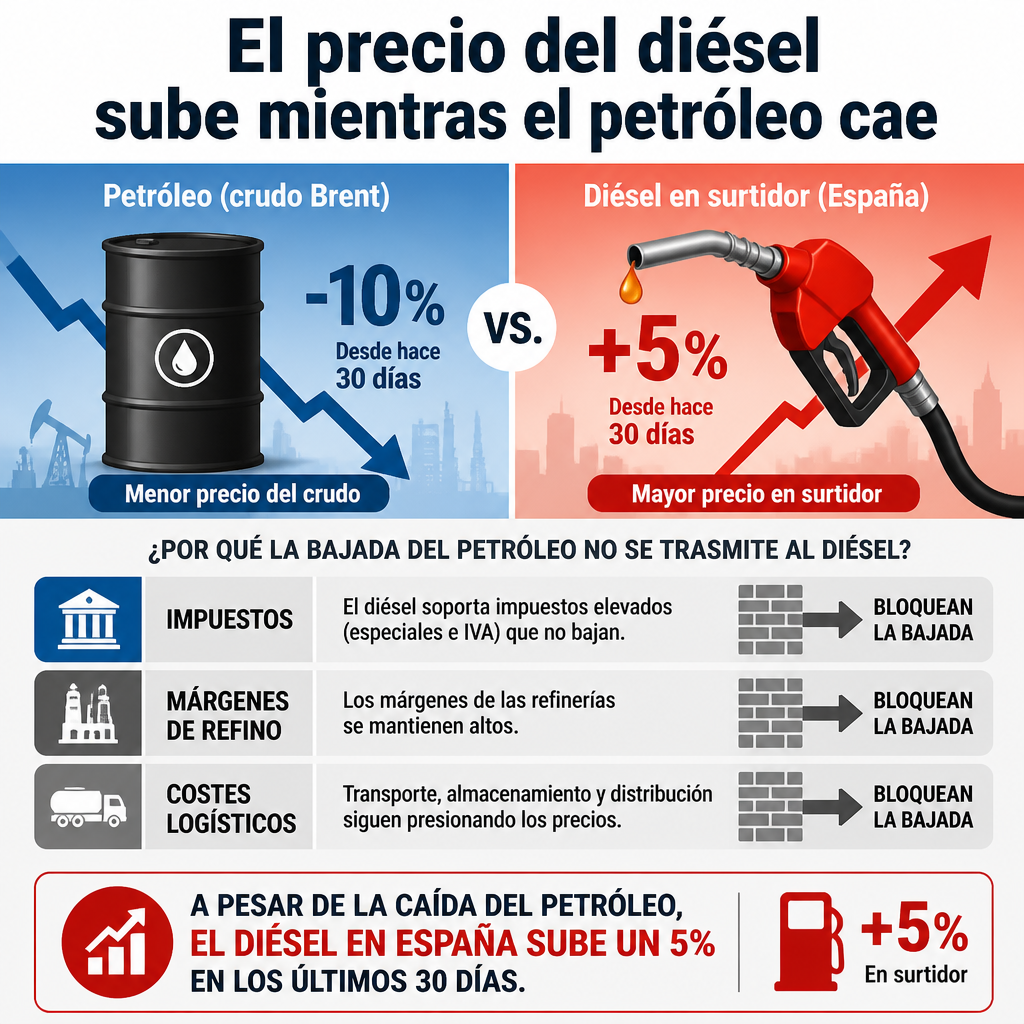Infografía: barril de petróleo baja, surtidor de diésel sube 5%. Impuestos y márgenes frenan transmisión de precios en España.