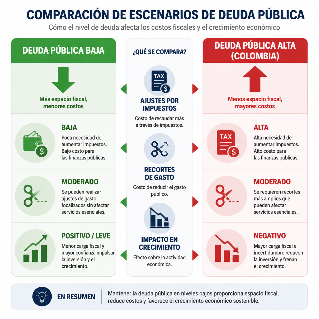 Infografía comparativa de dos escenarios de deuda pública: bajo y alto (Colombia), mostrando penalizaciones fiscales e impacto económico.