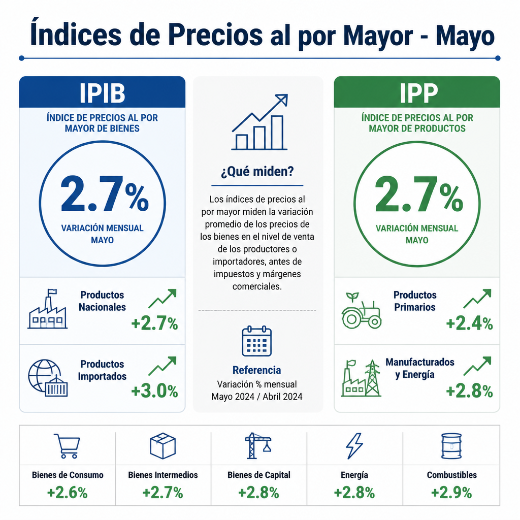 Infografía comparativa de índices de precios mayoristas IPIB e IPP en mayo, mostrando aumentos de 2.7% y desgloses por categoría de productos.