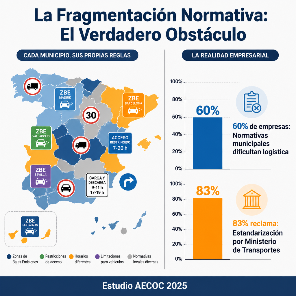 Infografía mostrando cómo normativas municipales fragmentadas dificultan logística: 60% de empresas afectadas, 83% solicita estandarización nacional.