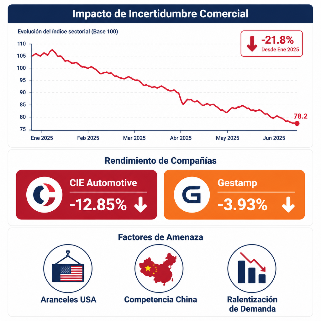 Infografía sobre caída del sector automotriz: CIE Automotive -12.85%, Gestamp -3.93%. Factores: aranceles, competencia china, demanda lenta.