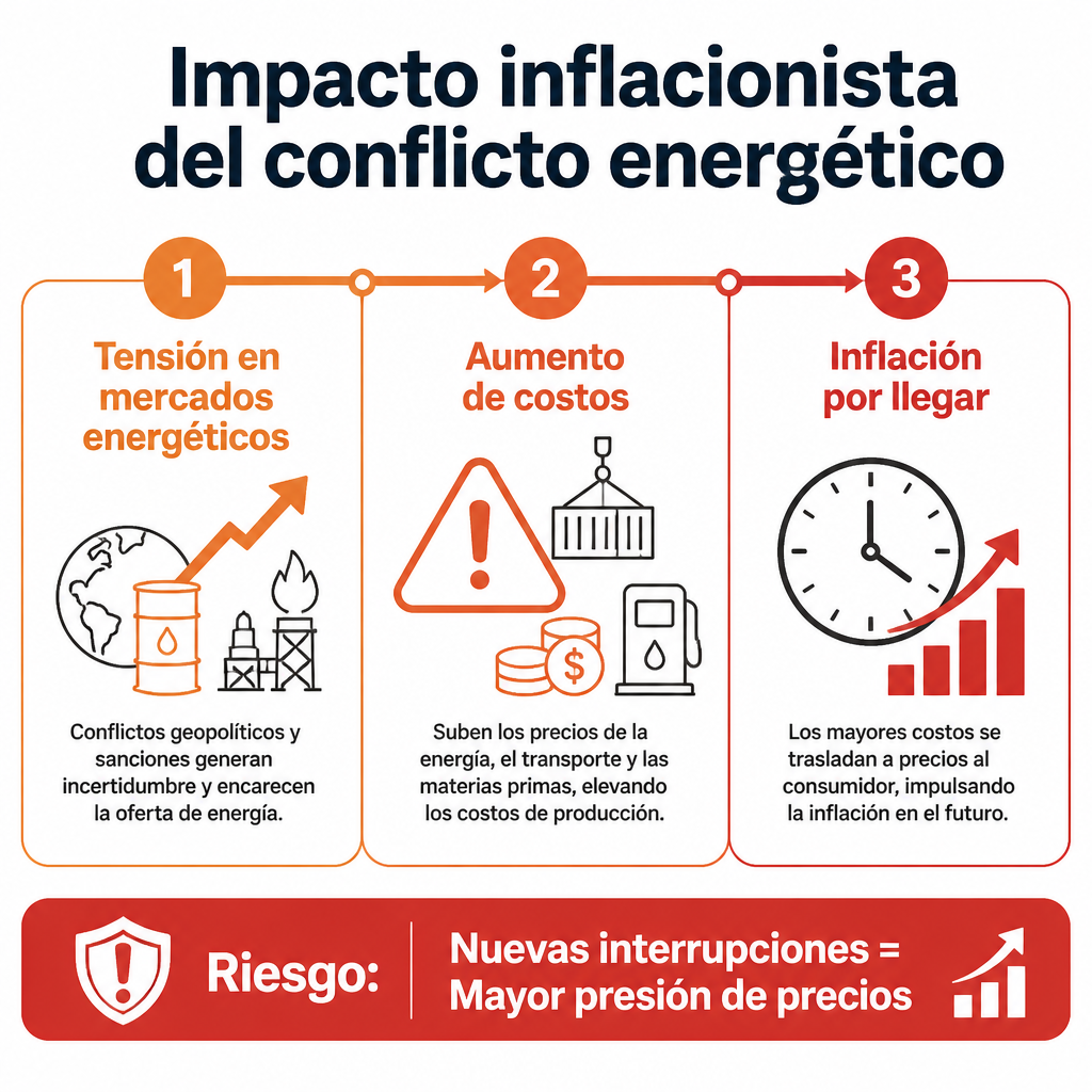 Infografía sobre cómo la tensión energética genera inflación futura. Impacto aún no transmitido completamente a la economía.