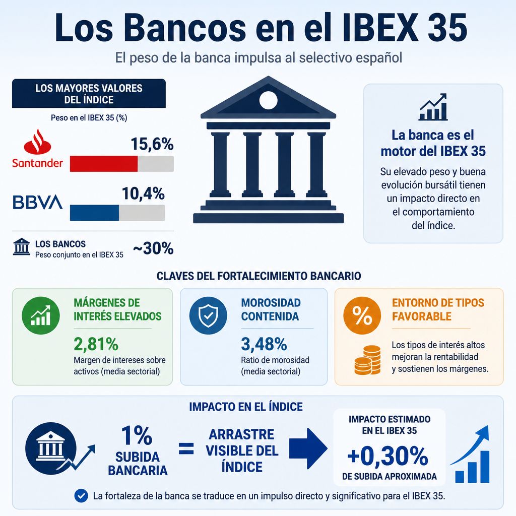 Infografía sobre el peso del sector bancario en el IBEX 35: Santander, BBVA, márgenes e impacto del índice.