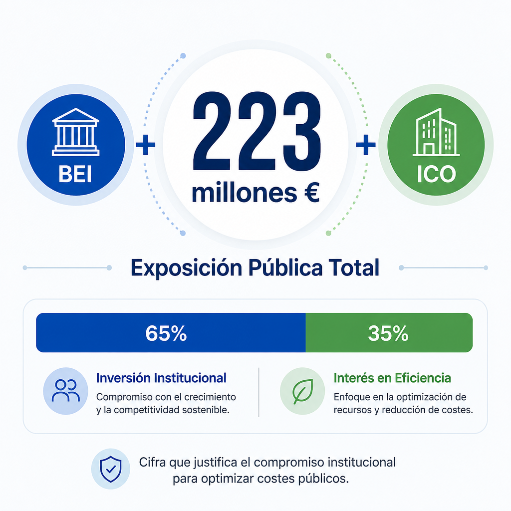 Infografía sobre exposición pública de 223 millones de euros entre BEI e ICO, mostrando interés institucional en eficiencia presupuestaria.