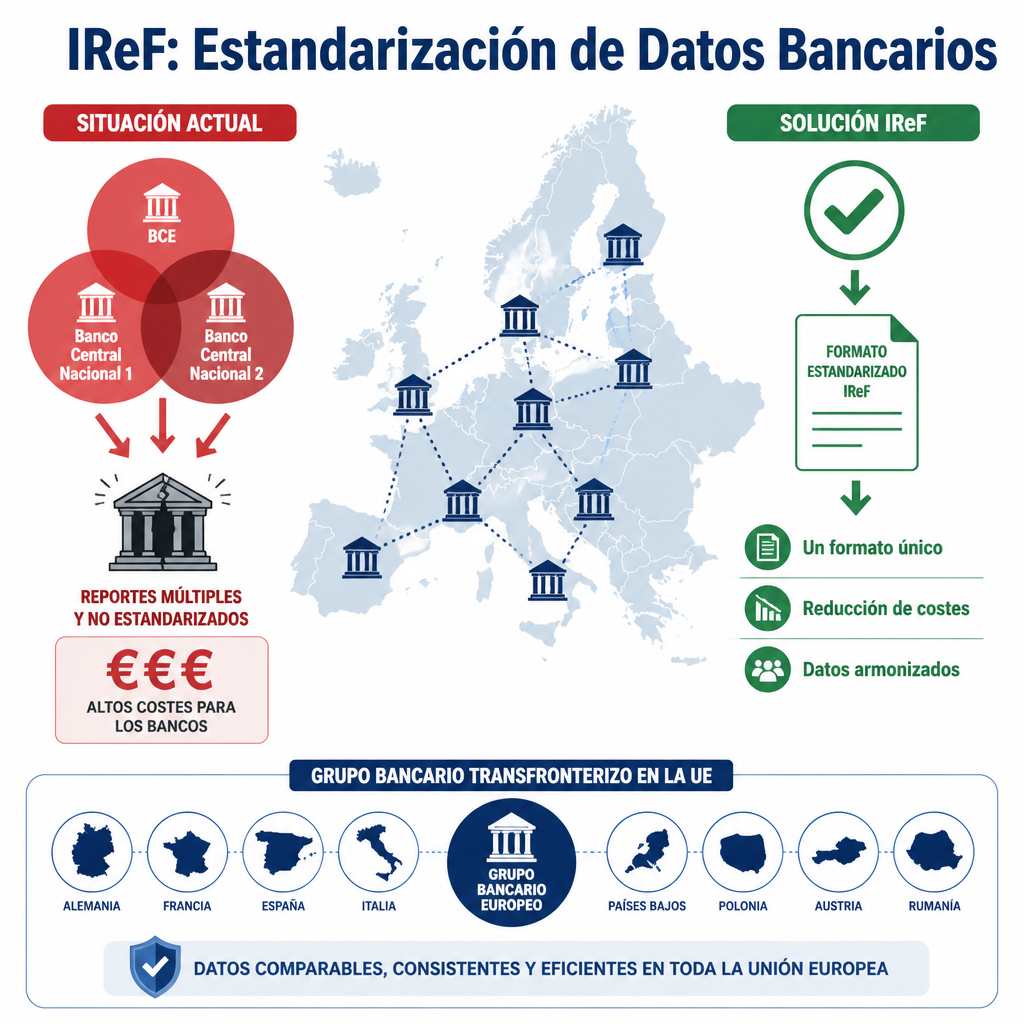 Infografía sobre IReF: compatibilización de requisitos de datos bancarios en la UE. Elimina duplicidades entre BCE y bancos centrales nacionales.