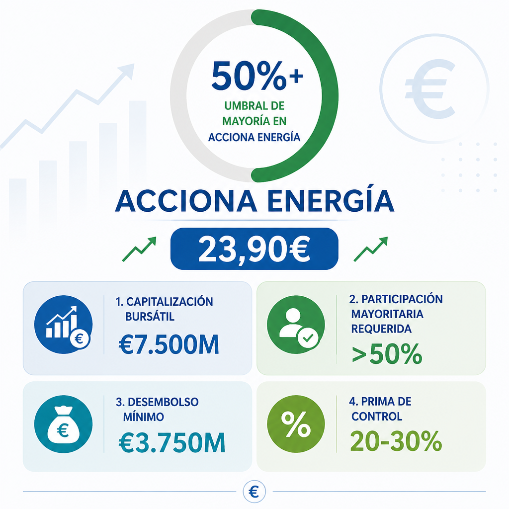 Infografía sobre la adquisición de Acciona Energía: capitalización bursátil, participación mayoritaria, desembolso mínimo y prima de control.