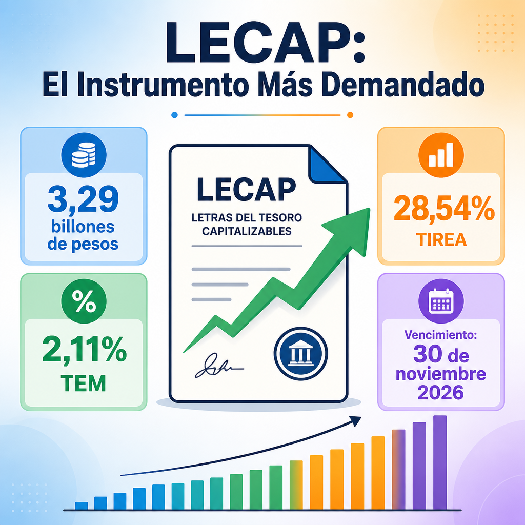 Infografía sobre LECAP: 3,29 billones pesos adjudicados a 2,11% TEM equivalente a 28,54% TIREA con vencimiento noviembre 2026.