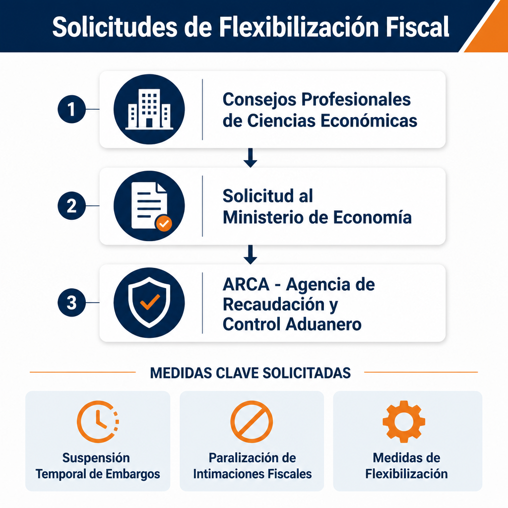 Infografía sobre solicitudes de flexibilización fiscal de consejos profesionales a ARCA por crisis económica.