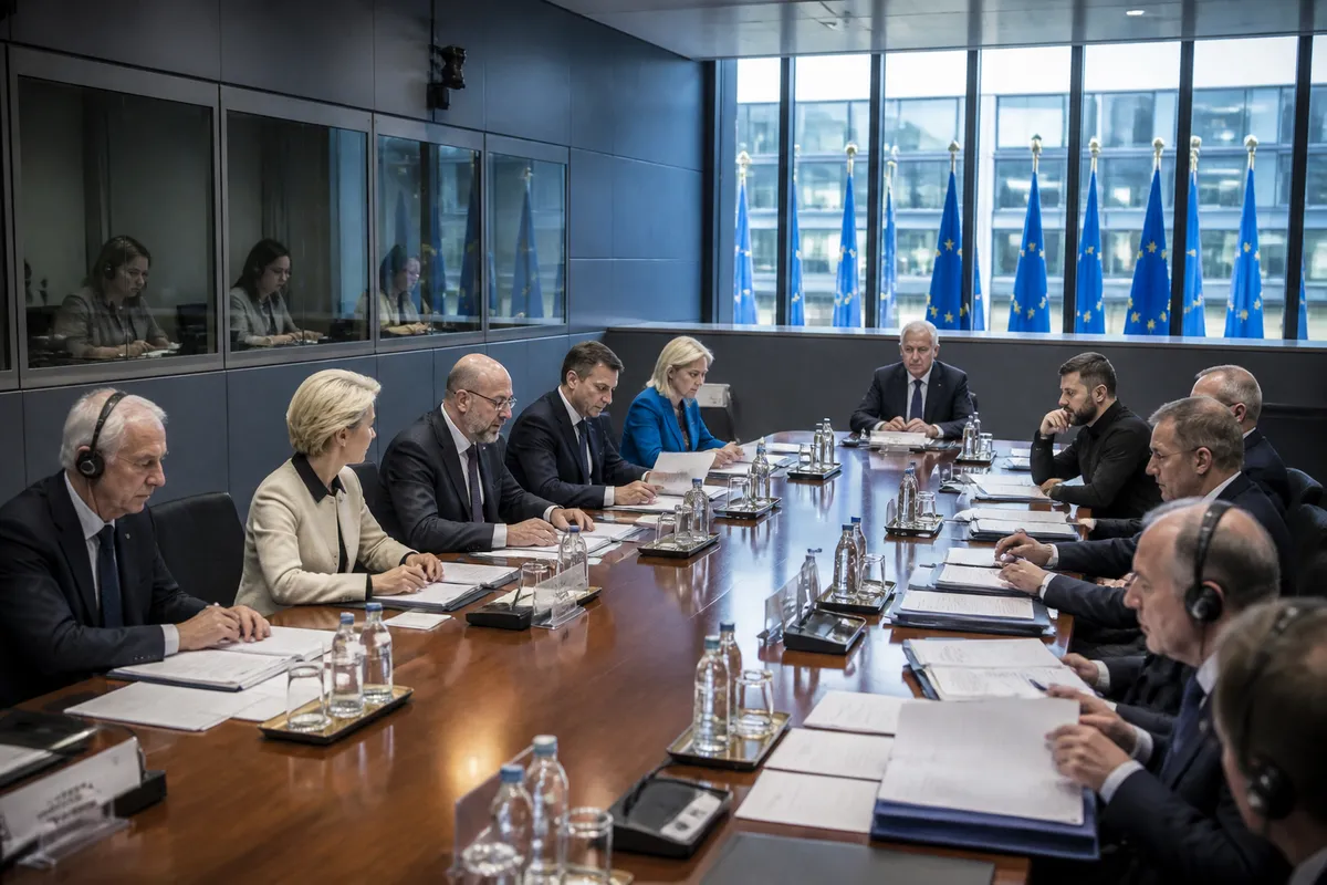 Líderes europeos en mesa de negociación formal discutiendo criterios de adhesión de Ucrania a la UE.