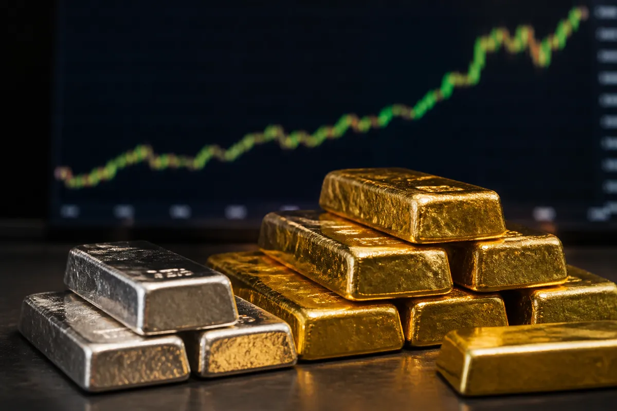 Lingotes de oro y plata apilados bajo luz cálida, con gráficos alcistas desenfocados de fondo, representando activos refugio.