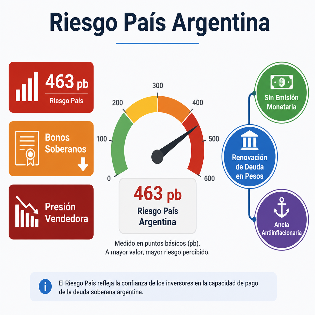 Medidor de riesgo país argentino en 463 puntos básicos con presión vendedora y estrategia de renovación de deuda en pesos.