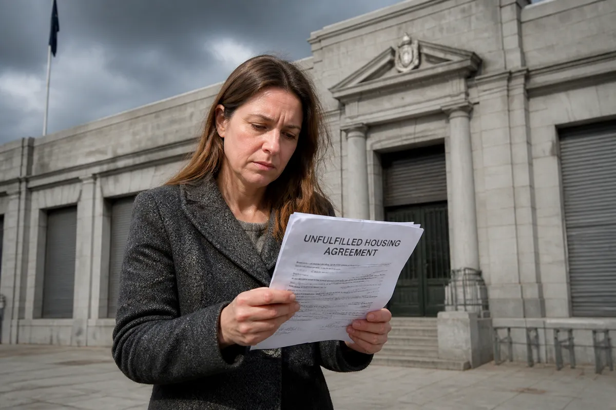 Mujer sostiene contrato incumplido frente a edificio gubernamental de aspecto sombrío, reflejando frustración por promesas de vivienda pública no realizadas.