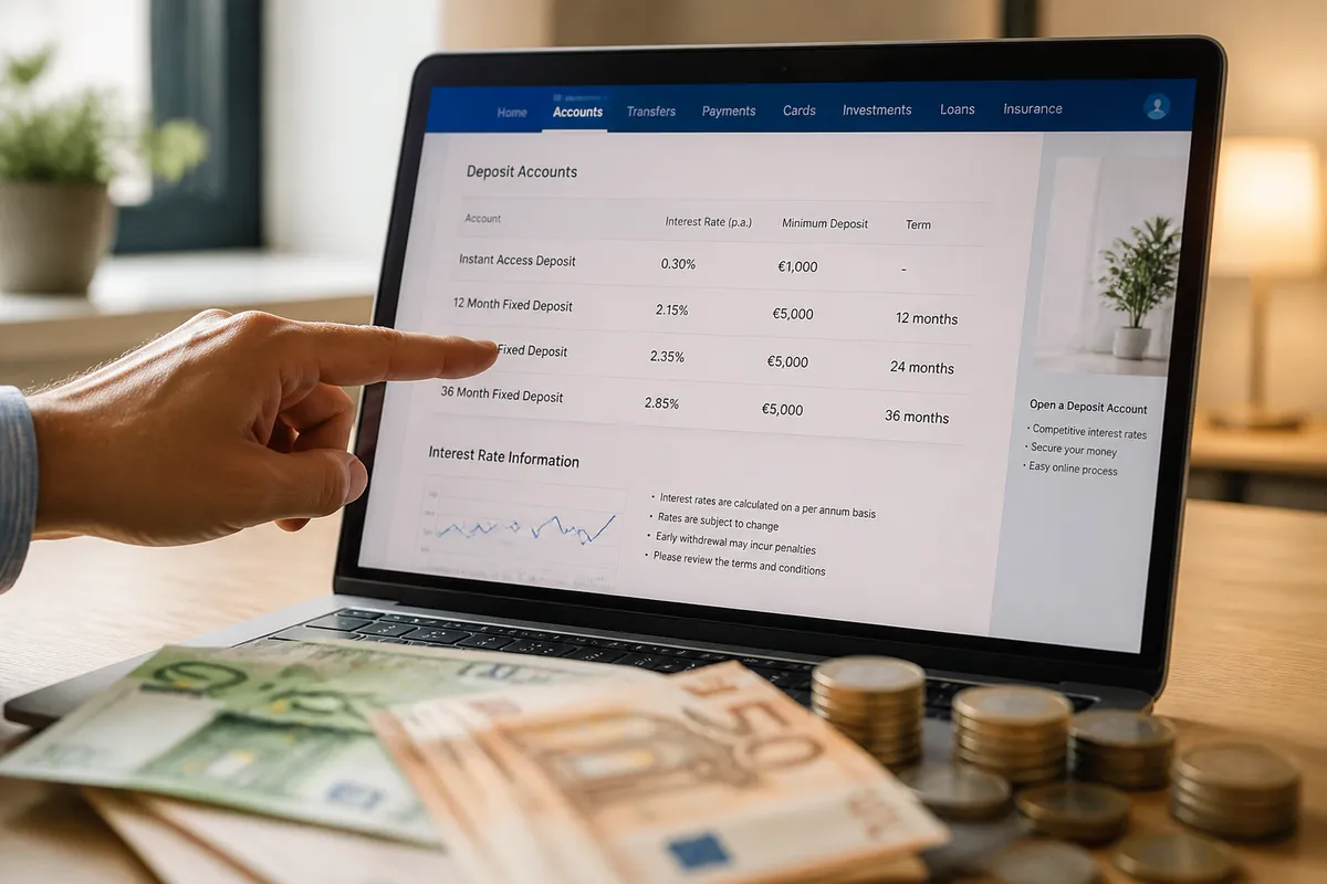 Pantalla de banco mostrando tasas de depósitos con dinero en efectivo y monedas sobre escritorio.