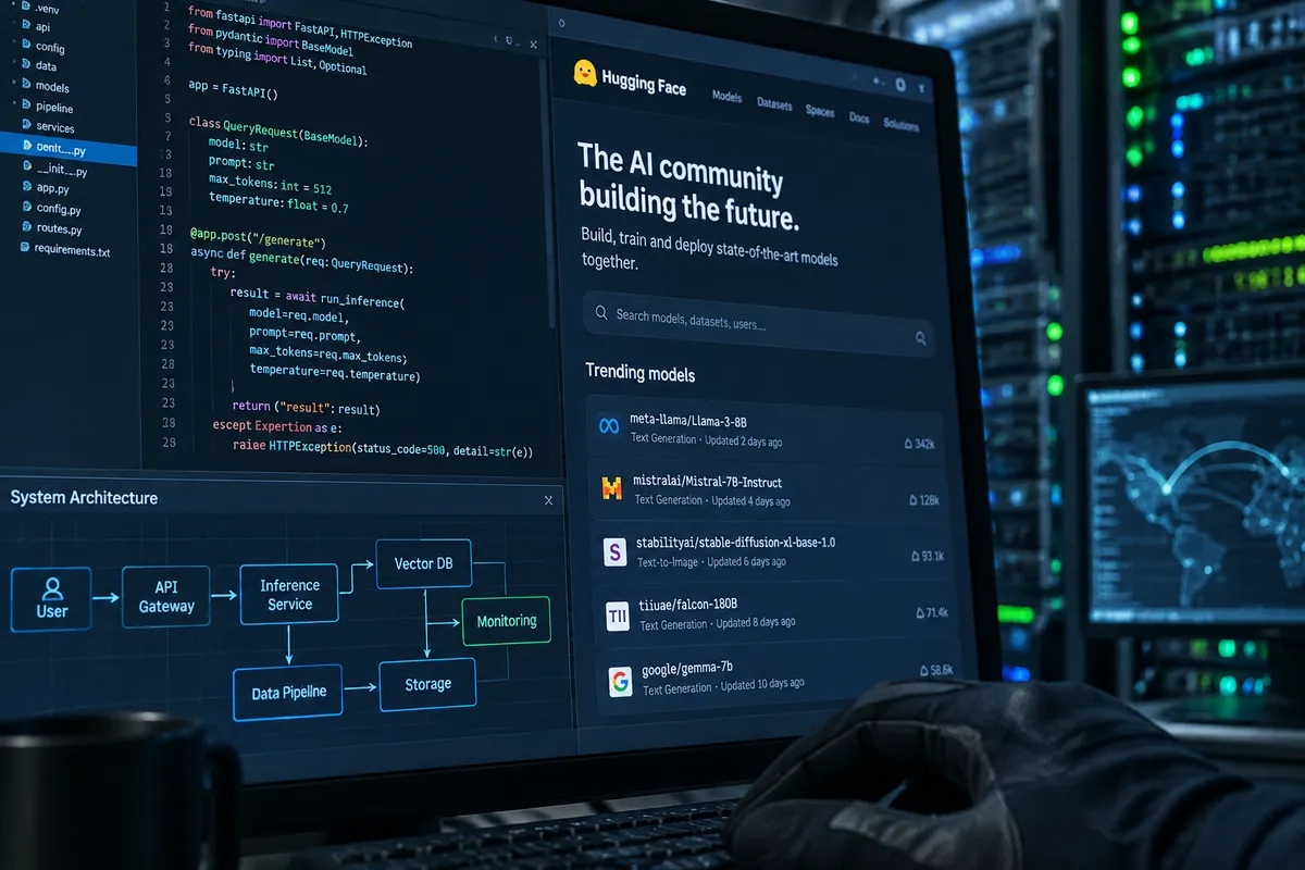 Pantalla de computadora mostrando código y arquitectura de sistemas con interfaz de Hugging Face, servidores de fondo, mano monitoreando, tonos azul-verde técnico.