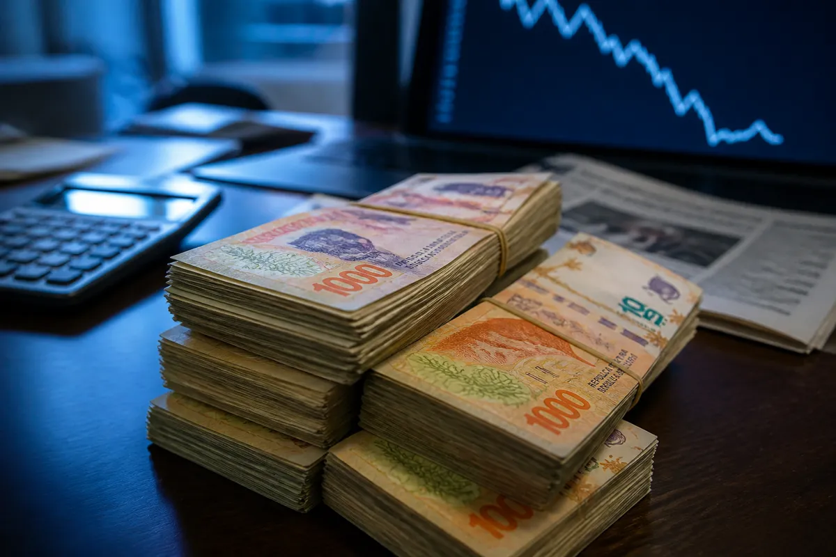 Pilas de billetes de pesos argentinos sobre escritorio financiero con gráficos de liquidez descendente de fondo.