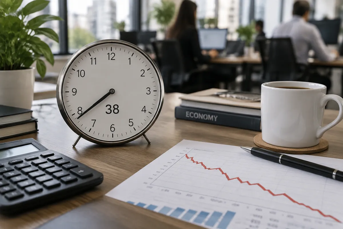 Reloj de oficina marcando 38 horas con gráfico de productividad económica en escritorio moderno.